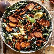 Kale Caesar Salad with Sweet Potatoes and Crispy Chickpeas | halfbakedharvest.com #caesarsalad #kale