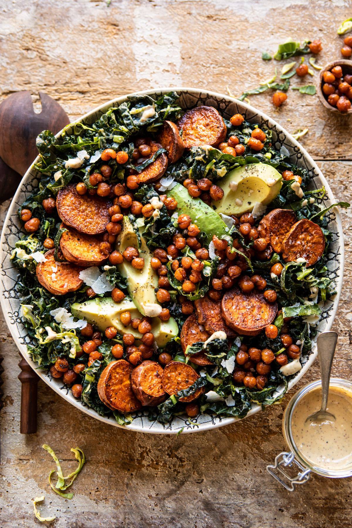 Kale Caesar Salad with Sweet Potatoes and Crispy Chickpeas | halfbakedharvest.com #caesarsalad #kale