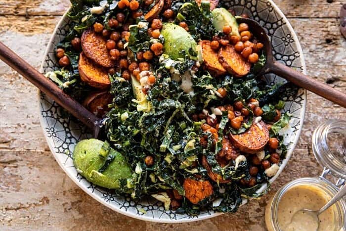 horizontal photo of Kale Caesar Salad with Sweet Potatoes and Crispy Chickpeas 
