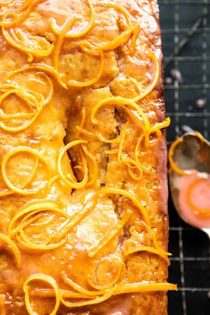 overhead close up photo of Lemon Poppyseed Cake with Citrus Honey Glaze
