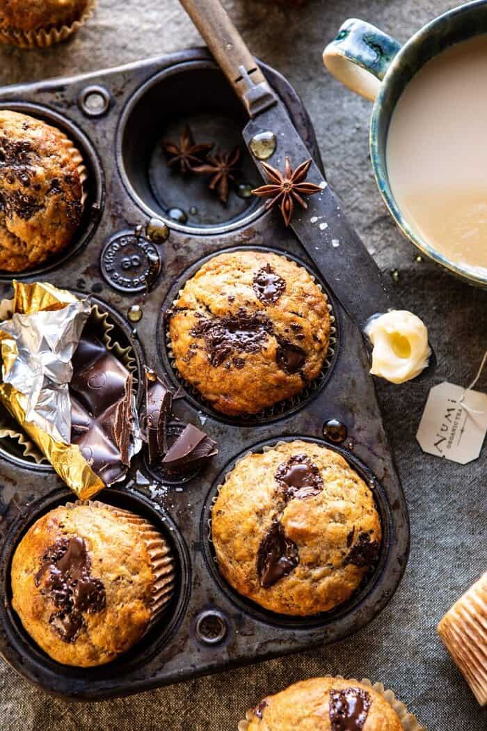 overhead photo of One Bowl Chocolate Chunk Chai Banana Muffins