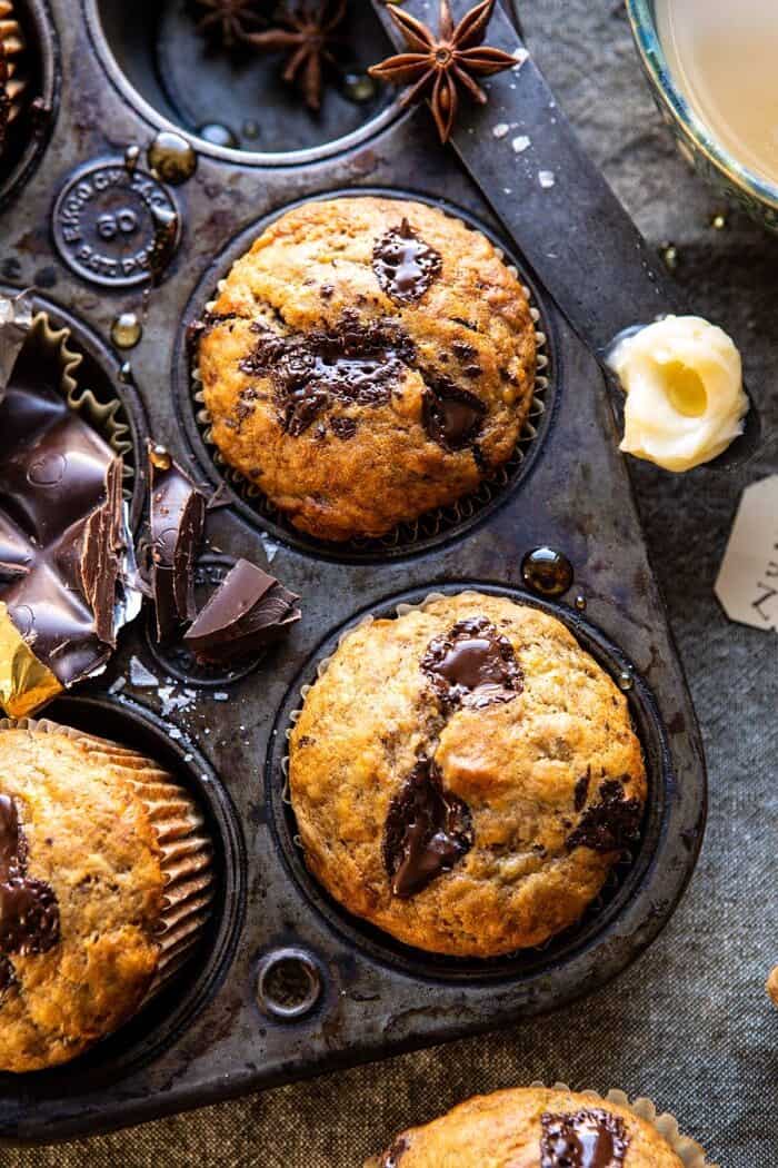 overhead close One Bowl Chocolate Chunk Chai Banana Muffins