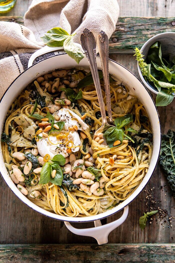 One Pot Creamy Tuscan Pesto and Artichoke Pasta | halfbakedharvest.com #onepot #pasta
