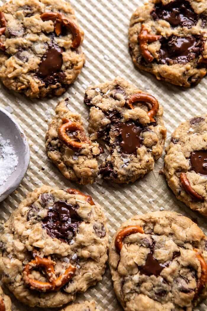 overhead photo of Salted Pretzel Cowboy Party Cookies on baking sheet