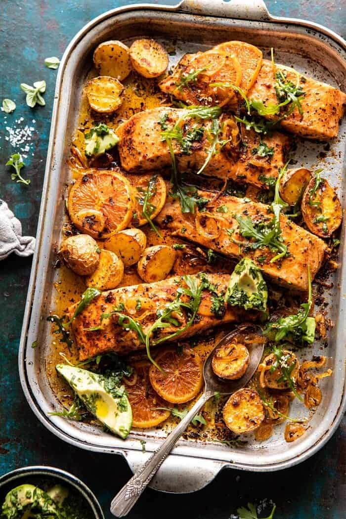 overhead photo of Sheet Pan Salmon with Citrus Avocado Salsa and Potatoes
