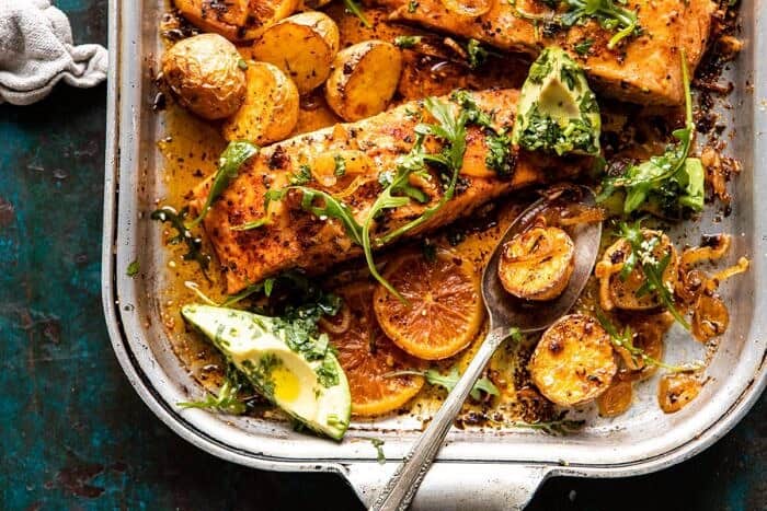 horizontal photo of Sheet Pan Salmon with Citrus Avocado Salsa and Potatoes