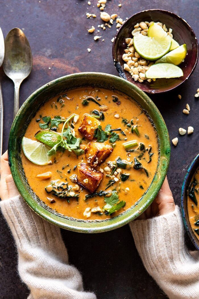 overhead photo of Spicy Peanut Soup with Sesame Halloumi 