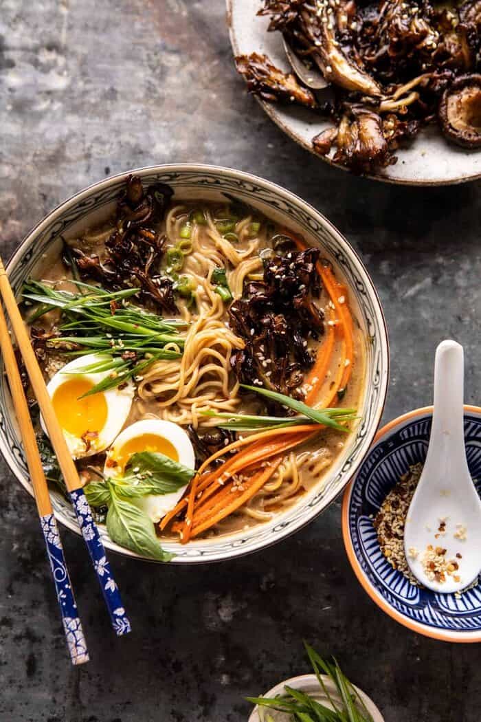 overhead photo of 30 Minute Creamy Sesame Miso Ramen with Crispy Mushrooms