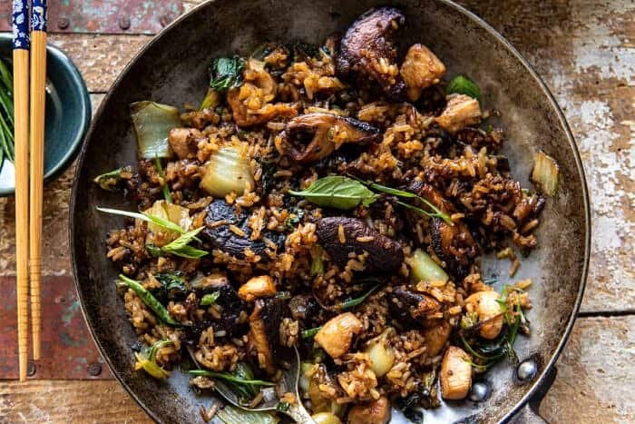 overhead horizontal photo of Better Than Takeout Sesame Ginger Chicken Fried Rice 