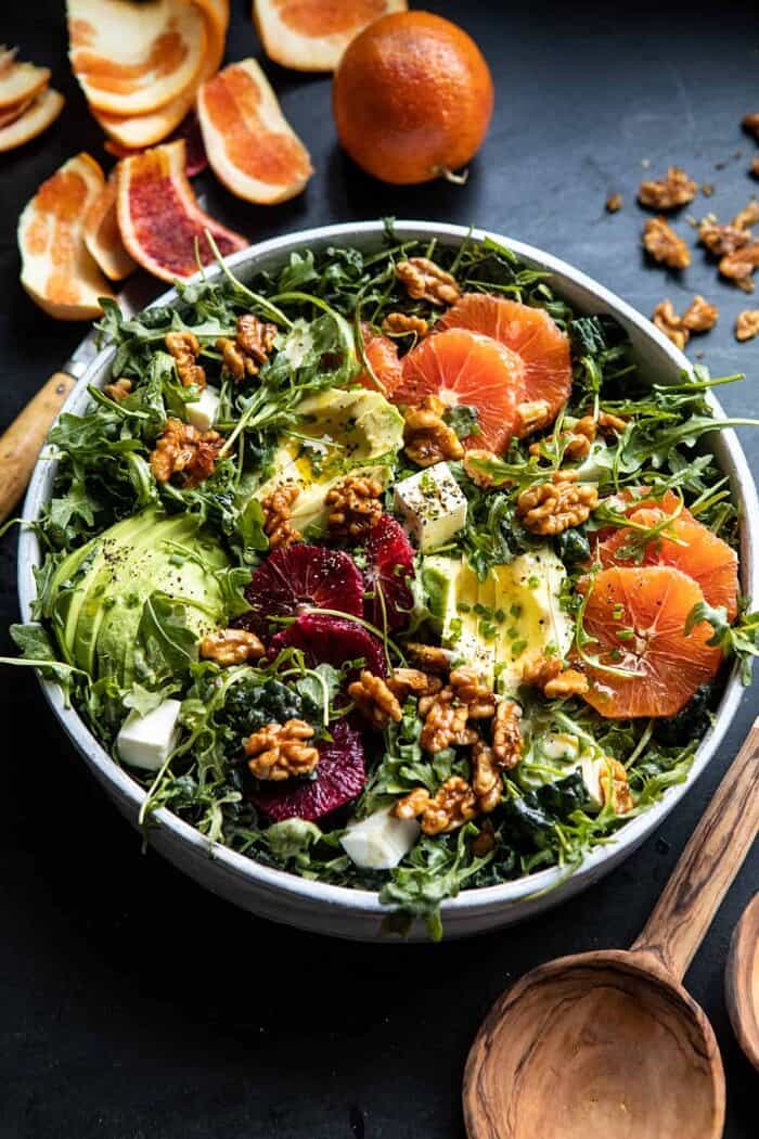overhead photo of Citrus Avocado Salad with Orange Tahini Vinaigrette 