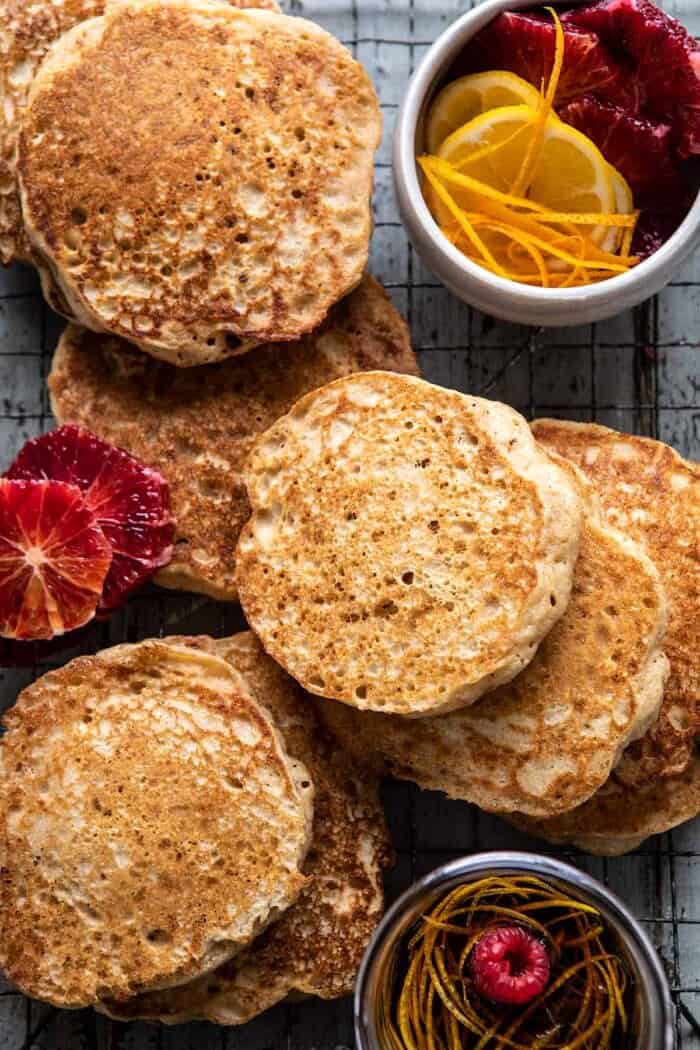 overhead photo of Earl Grey Lemon Ricotta Pancakes after cooking 