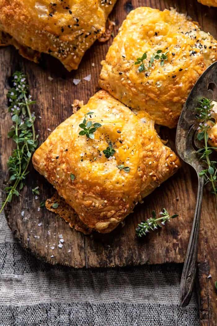 overhead close up photo of Flaky Broccoli Cheddar Soup Mini Pies
