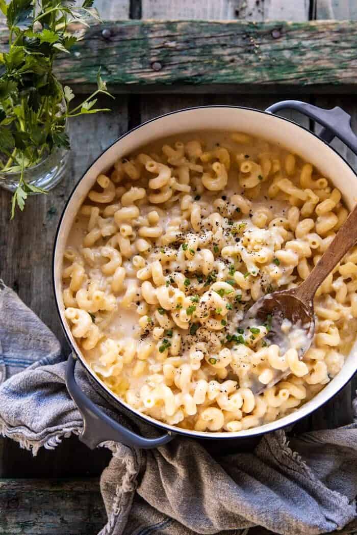 overhead photo of One Pot Creamy Cauliflower Mac and Cheese