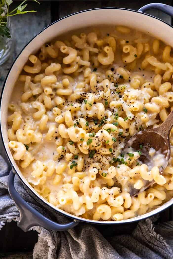 overhead close up photo of One Pot Creamy Cauliflower Mac and Cheese