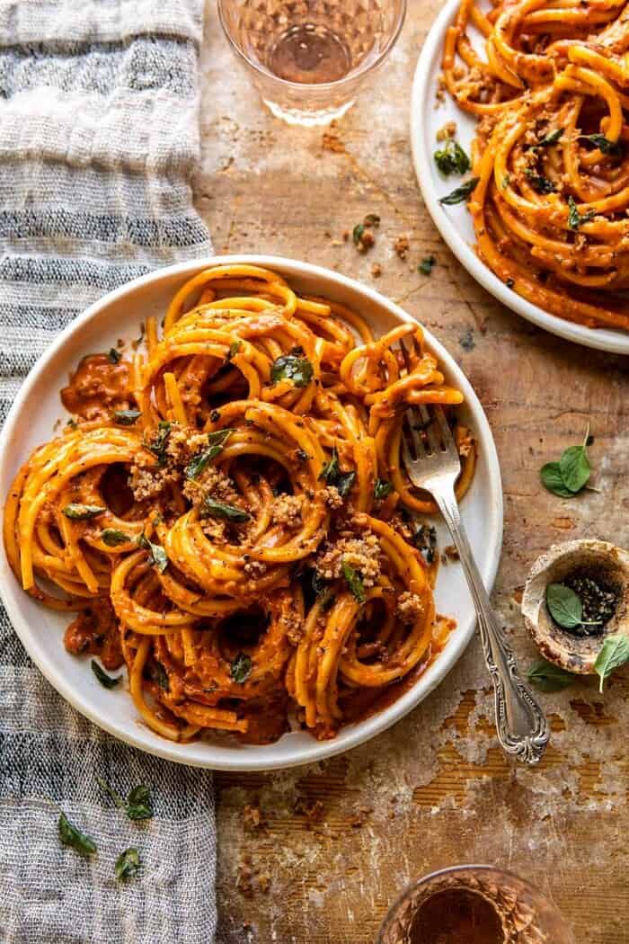 overhead photo of Roasted Red Pepper Alla Vodka Pasta with Cheesy Oregano Breadcrumbs 