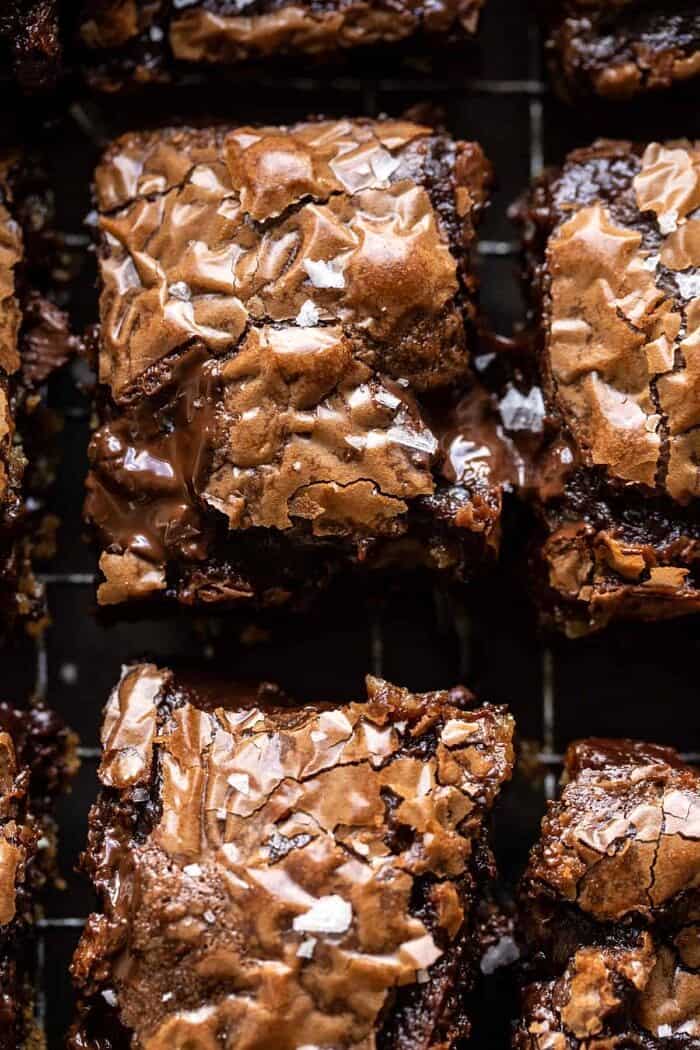 overhead close up photo of Salted Cookie Crinkle Top Brownies