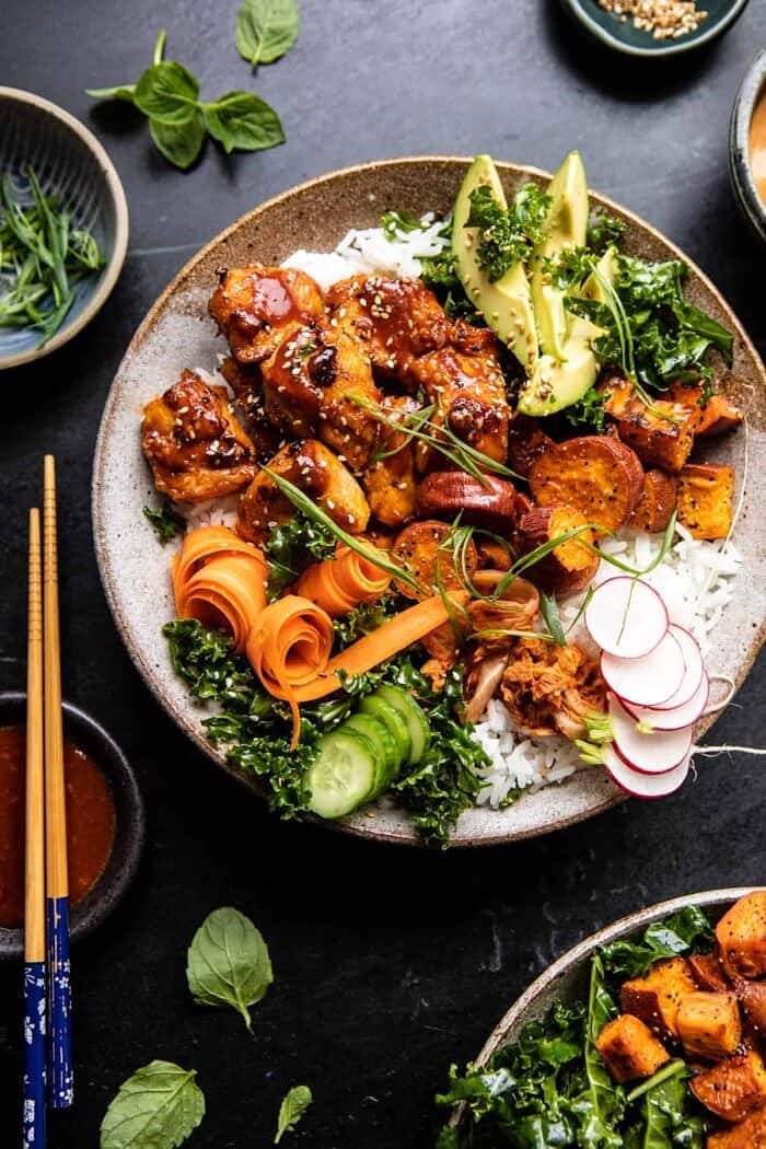 overhead photo of Sheet Pan Korean Chicken Bowl with Sweet Potatoes and Yum Yum Sauce 