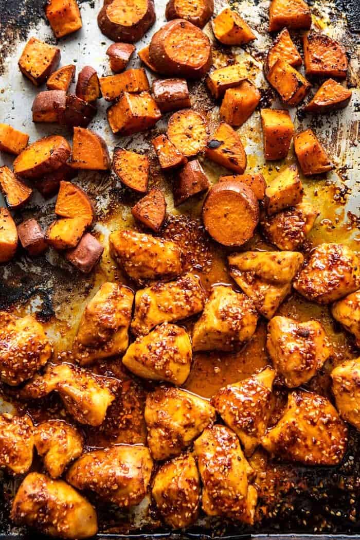 overhead photo of Sheet Pan Korean Chicken with Sweet Potatoes on sheet pan