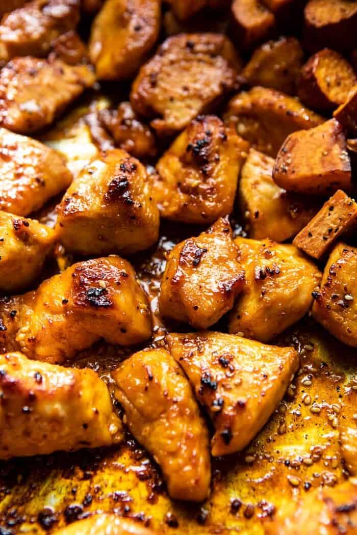 close up photo of Sheet Pan Korean Chicken on sheet pan after roasting