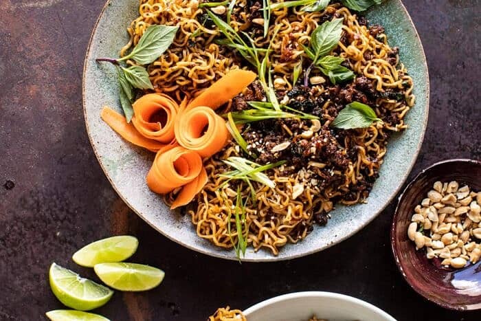 overhead horizontal photo of 30 Minute Caramelized Shallot Beef Ramen Noodles
