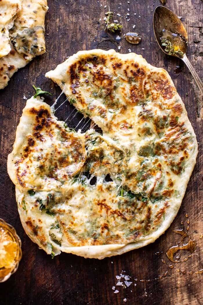 overhead photo of Cheesy Herb Stuffed Naan