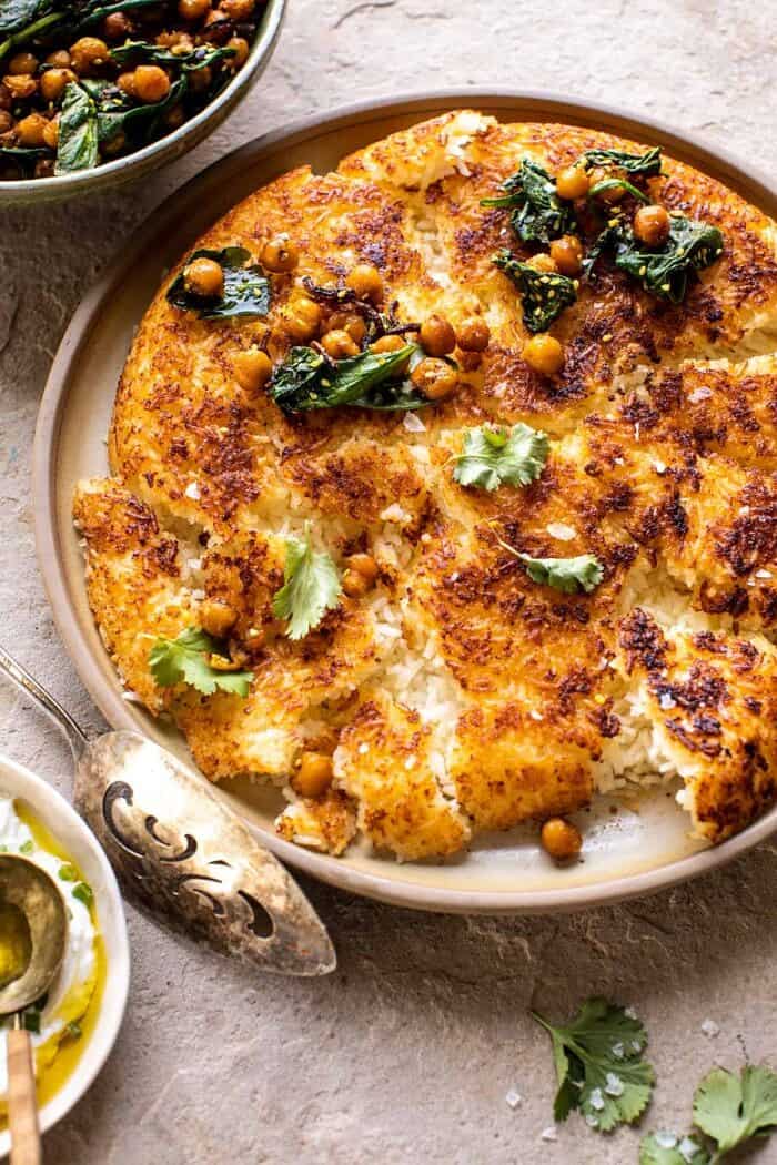 side angled photo of Crispy Persian Rice (Tahdig) with Spiced Golden Chickpeas 