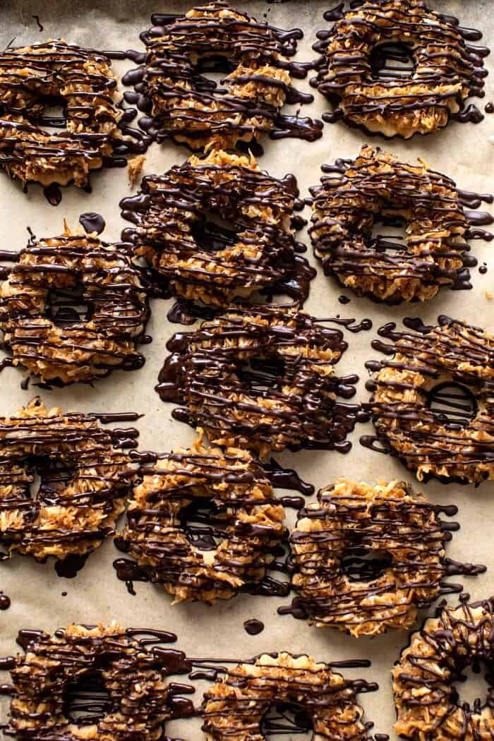 prep photo of Healthyish Homemade Samoas Cookies on baking sheet after adding chocolate