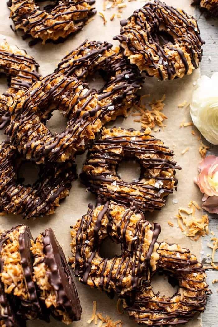 overhead close up photo of Healthyish Homemade Samoas Cookies