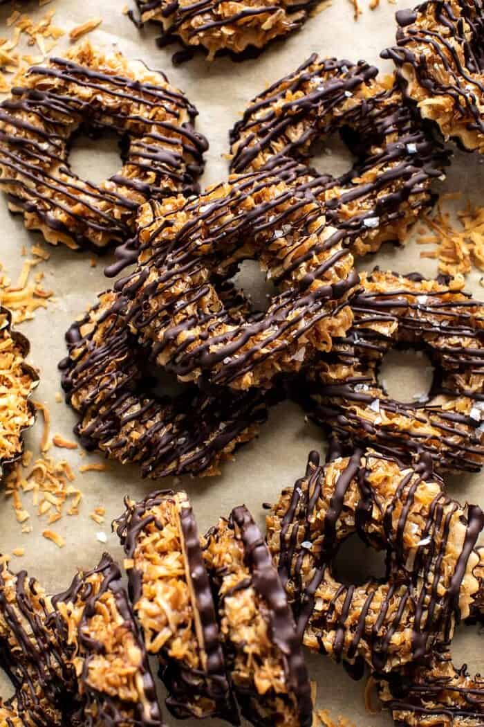 overhead close up photo of Healthyish Homemade Samoas Cookies