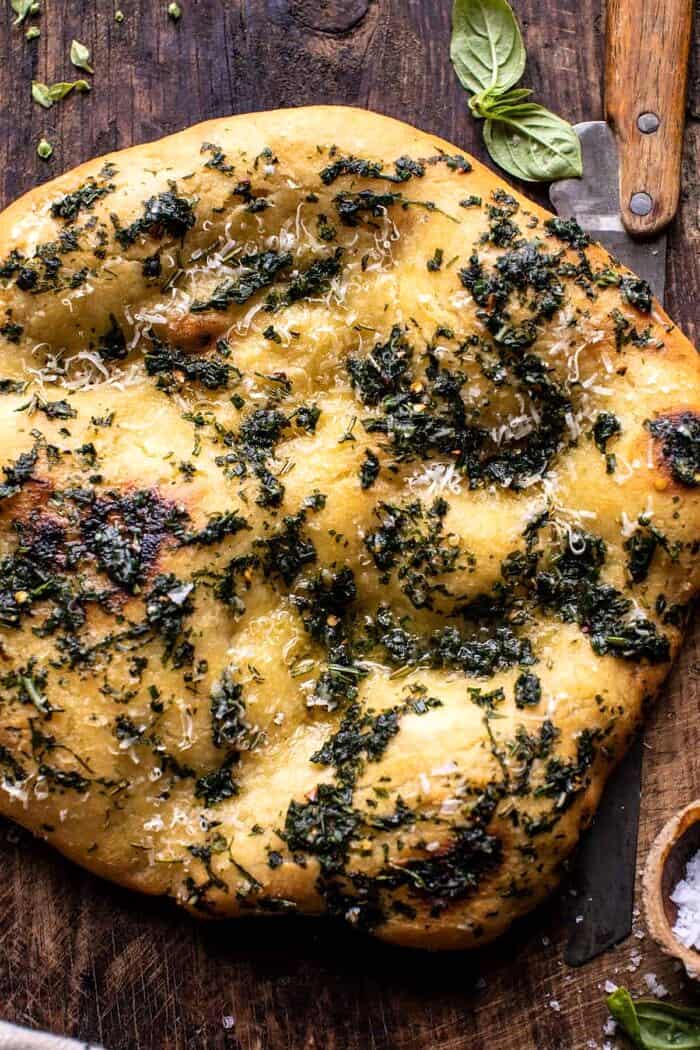 overhead close up photo of No Knead Rosemary Garlic Parmesan Bread