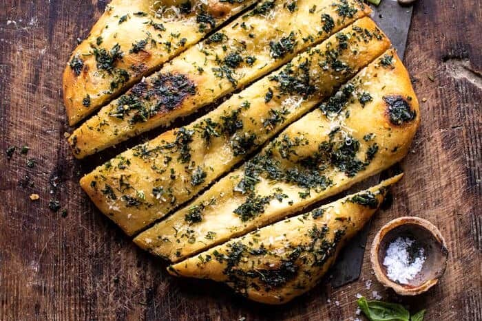 overhead horizontal photo of No Knead Rosemary Garlic Parmesan Bread 