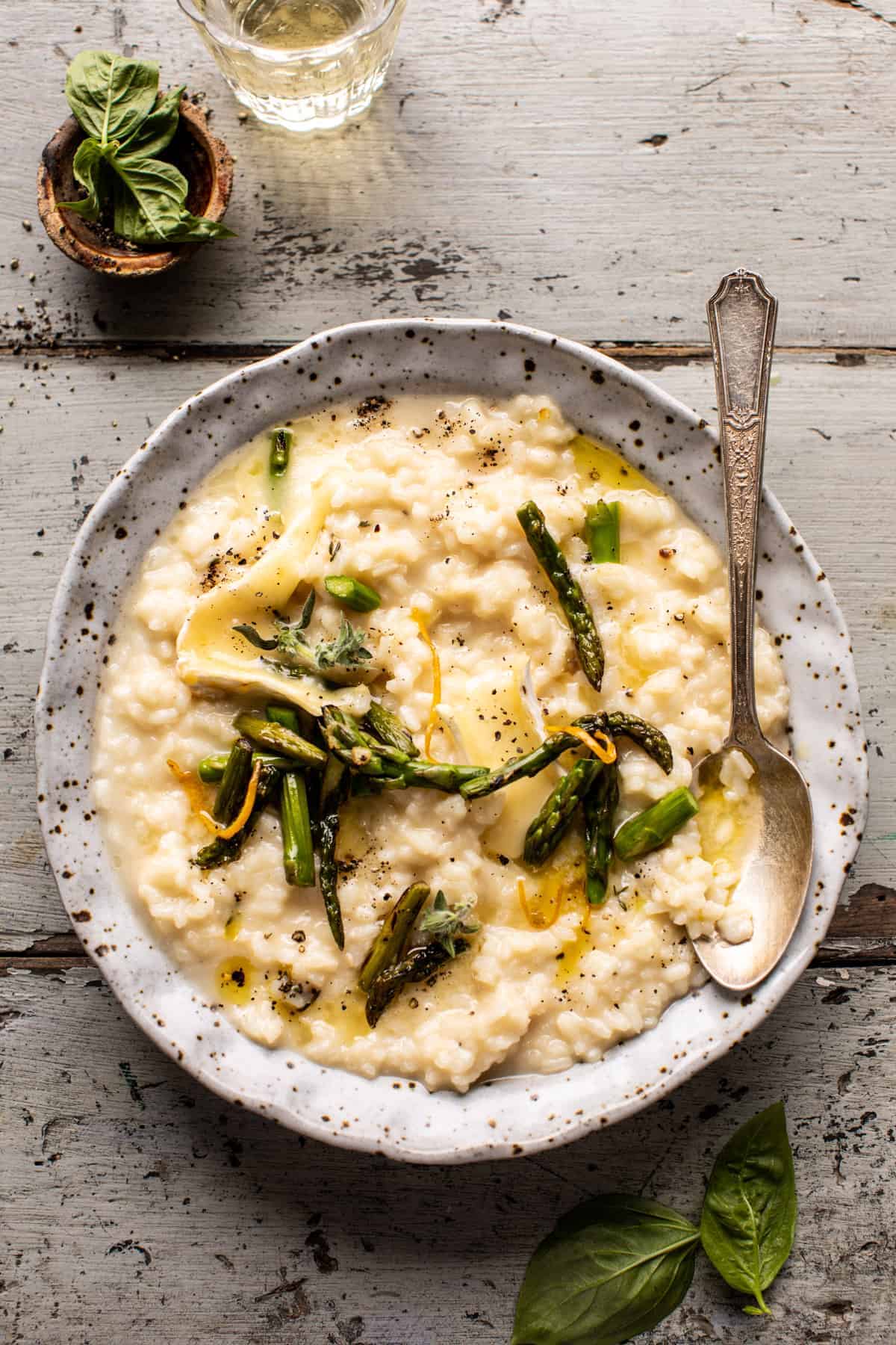 No Stir Brie Risotto with Lemon Butter Asparagus | halfbakedharvest.com