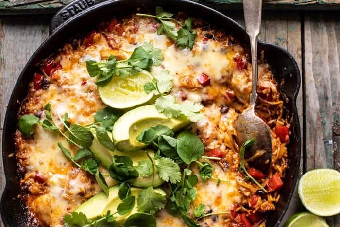 horizontal photo of One Skillet Cheesy Cuban Chicken Rice Bake
