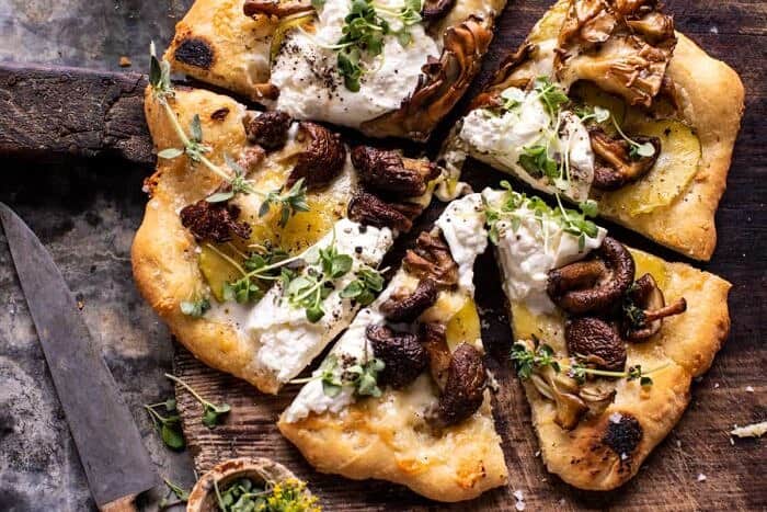 overhead horizontal photo of Potato and Wild Mushroom Burrata Pizza