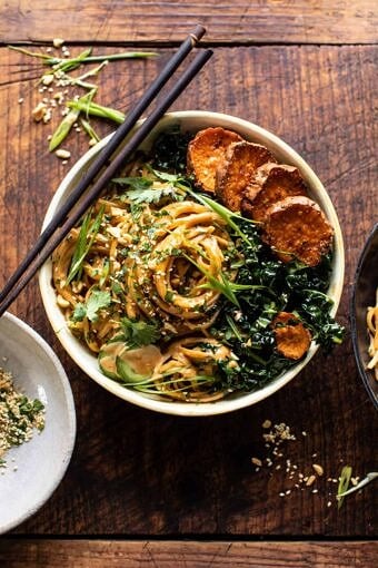 Saucy Tahini Noodles with Honey'd Sweet Potatoes | halfbakedharvest.com