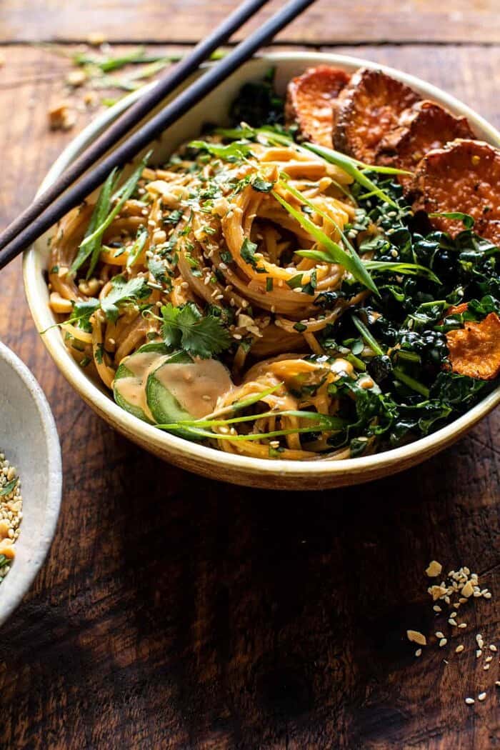 side angled photo of Saucy Tahini Noodles with Honey'd Sweet Potatoes 