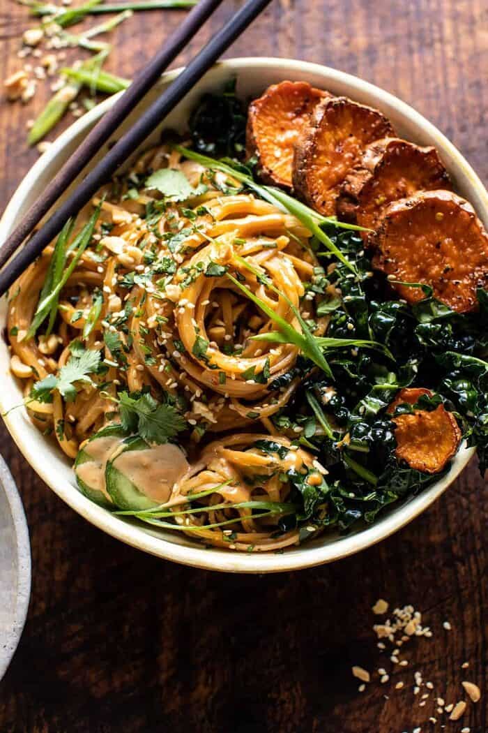 overhead close up photo of Saucy Tahini Noodles with Honey'd Sweet Potatoes