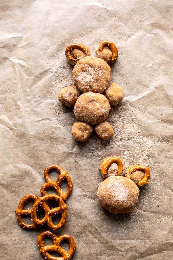 prep photo of teddy bears on baking sheet before baking 