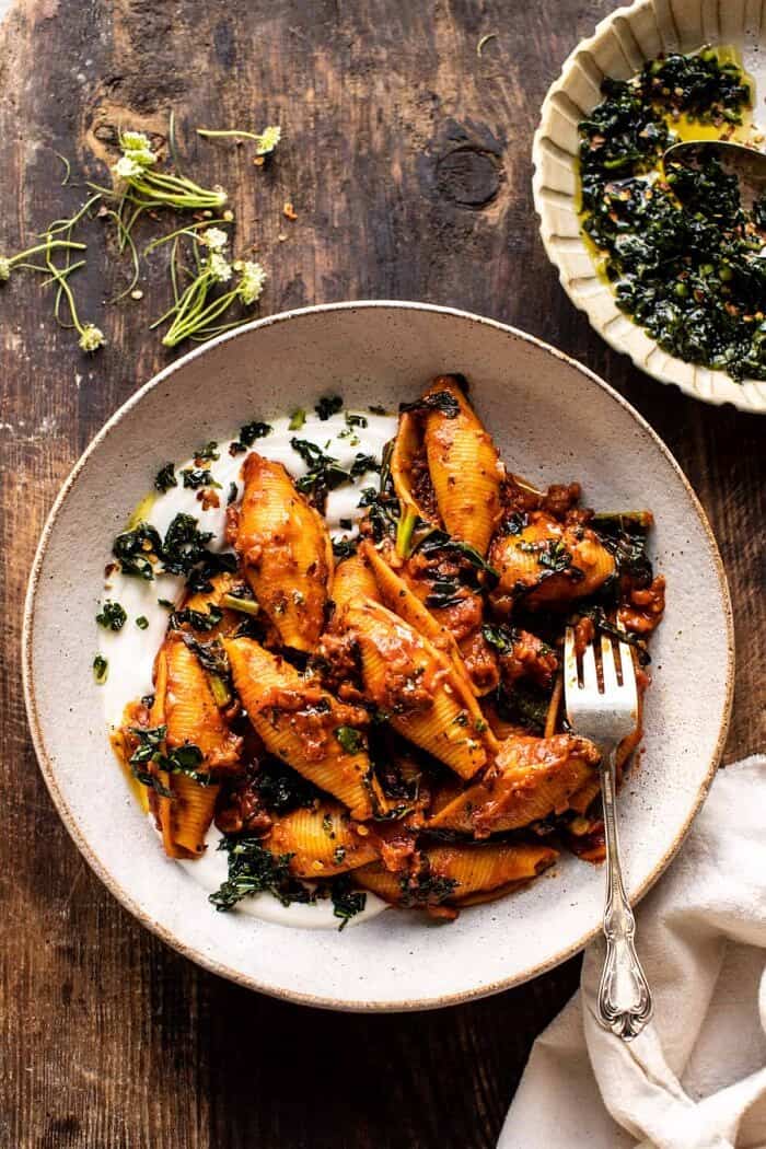 Unstuffed Spicy Tomato Basil Shells with Whipped Ricotta | halfbakedharvest.com