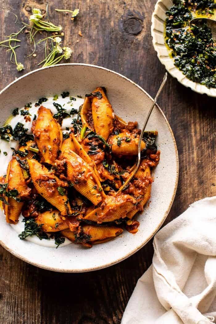 overhead photo of Unstuffed Spicy Tomato Basil Shells with Whipped Ricotta