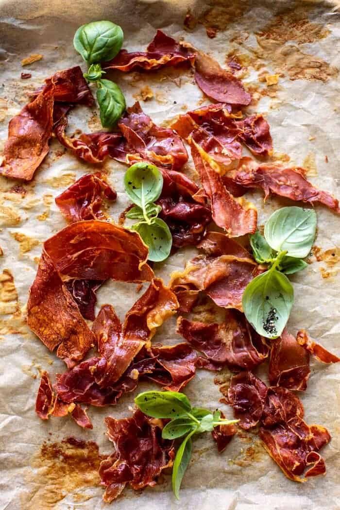 overhead prep of Crispy Prosciutto on baking sheet