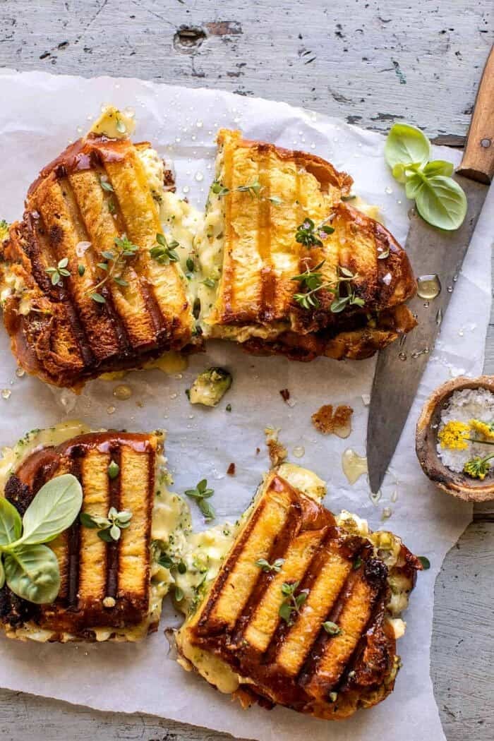 Artichoke and Broccoli Pesto Brie Panini with Thyme Honey | halfbakedharvest.com
