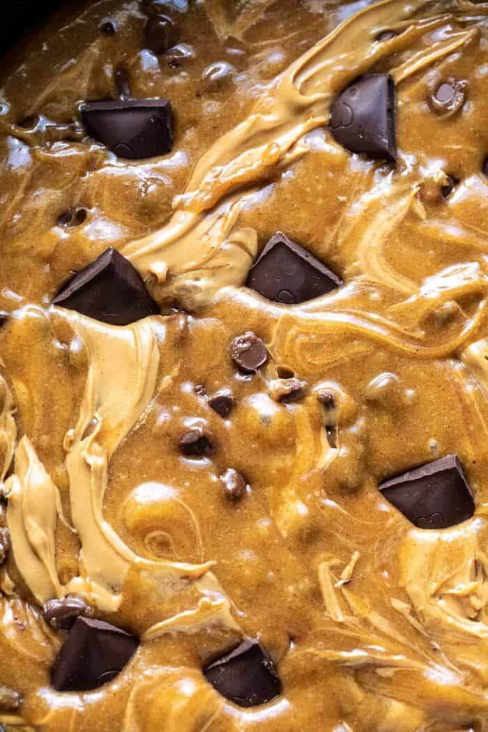 prep photo of Crinkle Top Chocolate Peanut Butter blondie batter before baking