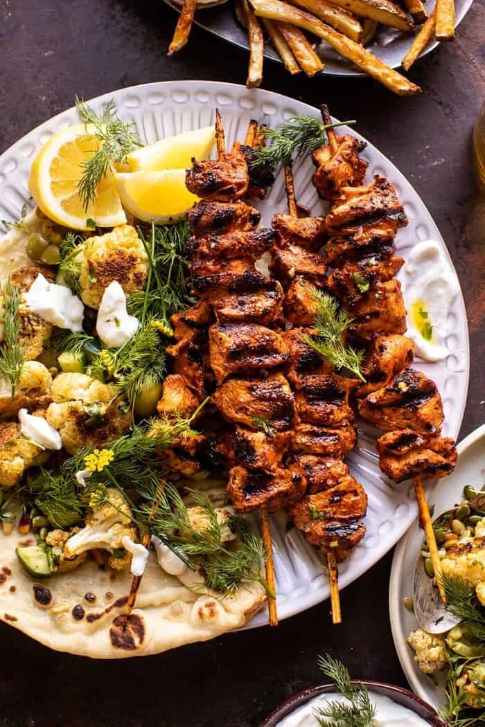overhead photo of Lebanese Chicken with Charred Lemon Cauliflower 