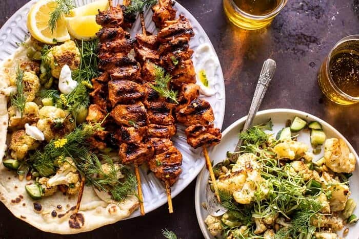 overhead horizontal photo of Lebanese Chicken with Charred Lemon Cauliflower