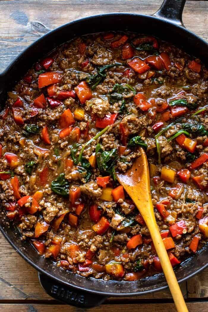 overhead photo of One Skillet French Onion Tater Tot Casserole before adding the tater tots