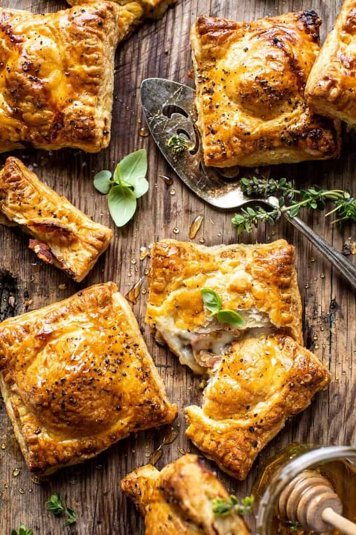 overhead photo of Prosciutto Caprese Puff Pastries with Peppery Thyme Honey