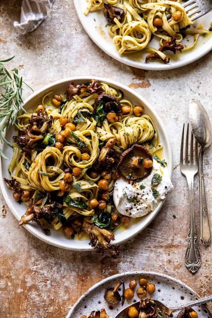 overhead photo of Slow Roasted Mushroom Pasta with Crisp Rosemary Chickpeas