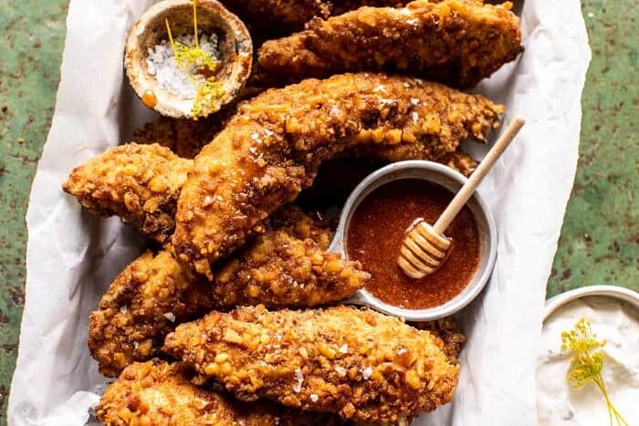 overhead horizontal photo of Spicy Honey Mustard Pretzel Chicken Fingers