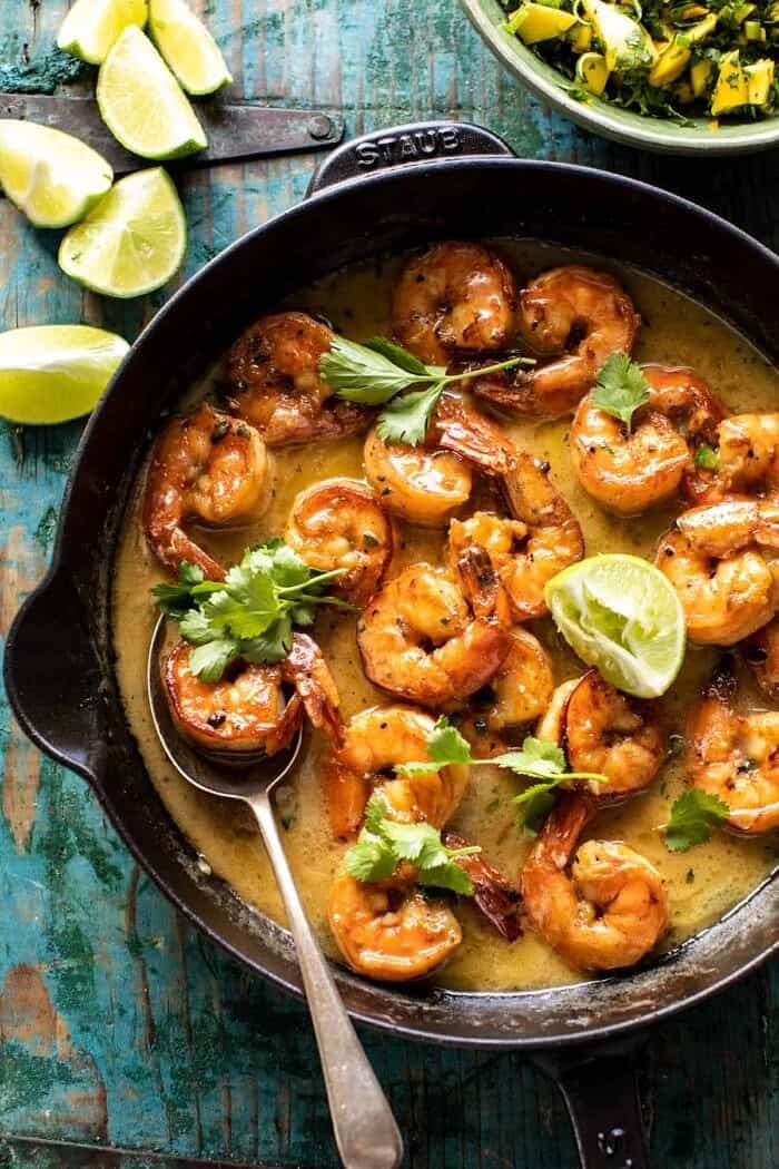 overhead photo of 20 Minute Honey Garlic Butter Shrimp in skillet 